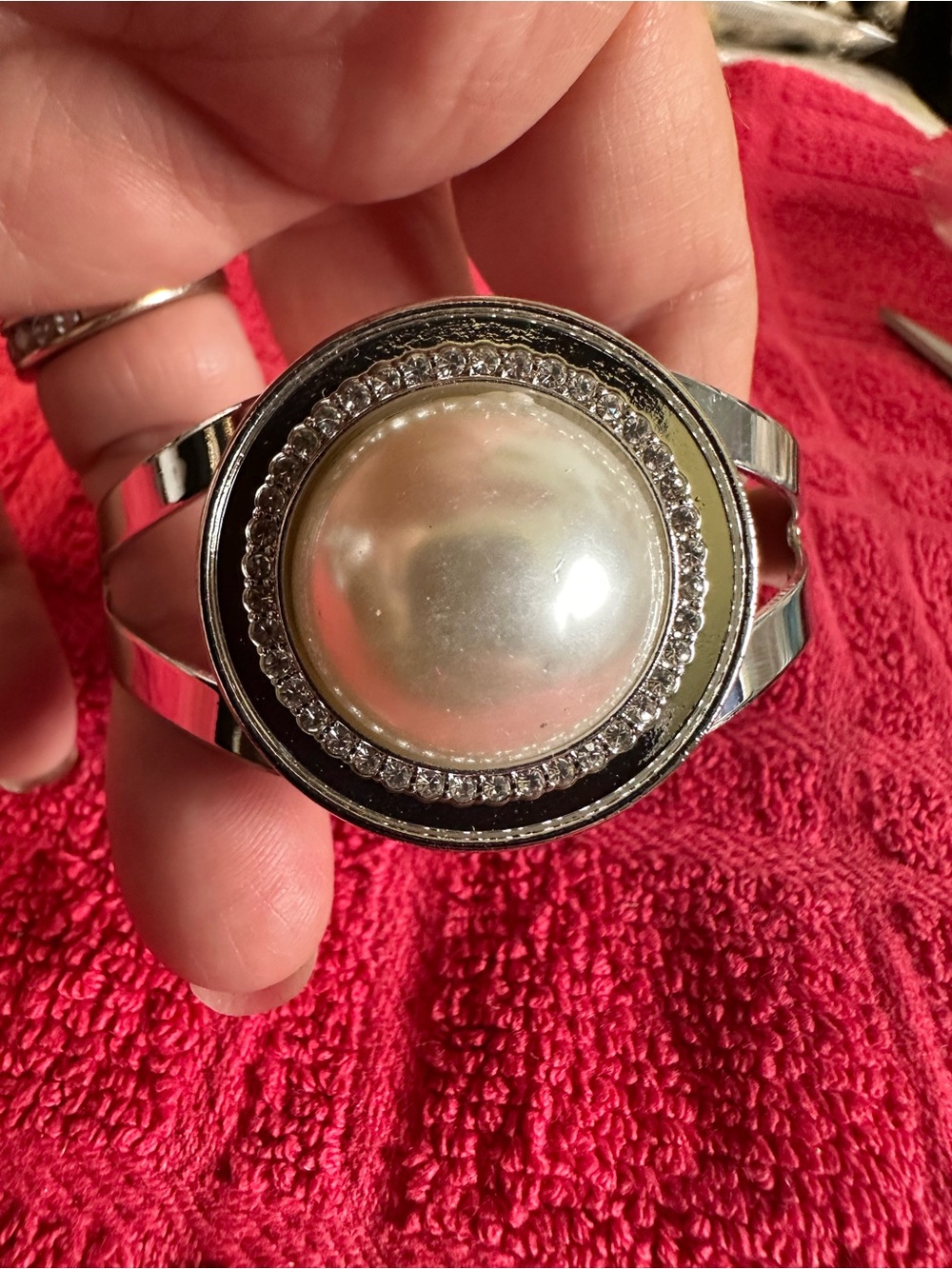 Pearl Silver-Tone Faux Pearl Crystal Accent Cuff Bracelet